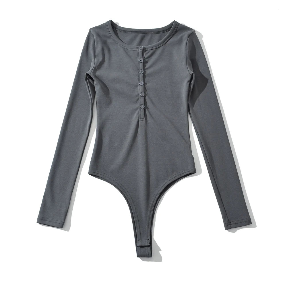 Buttons O neck Rib Long sleeve Bodysuit Short Jumpsuit