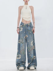 Fashion Printed Jeans Retro Floral Denim Trousers Style Wide-leg Jean Pants