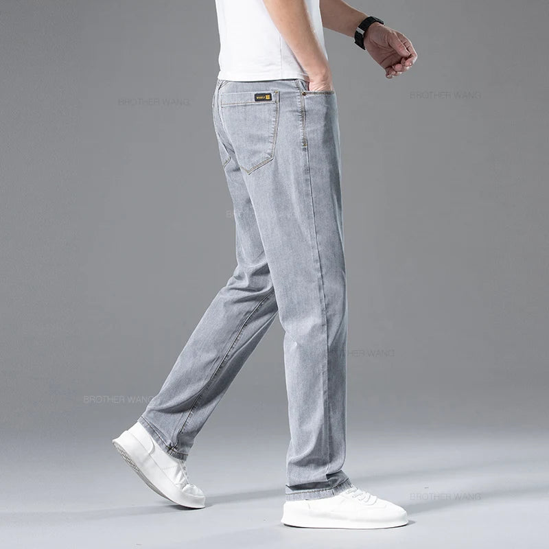 Summer Ultra-thin Men's Lyocell Jeans Loose Straight Business Casual