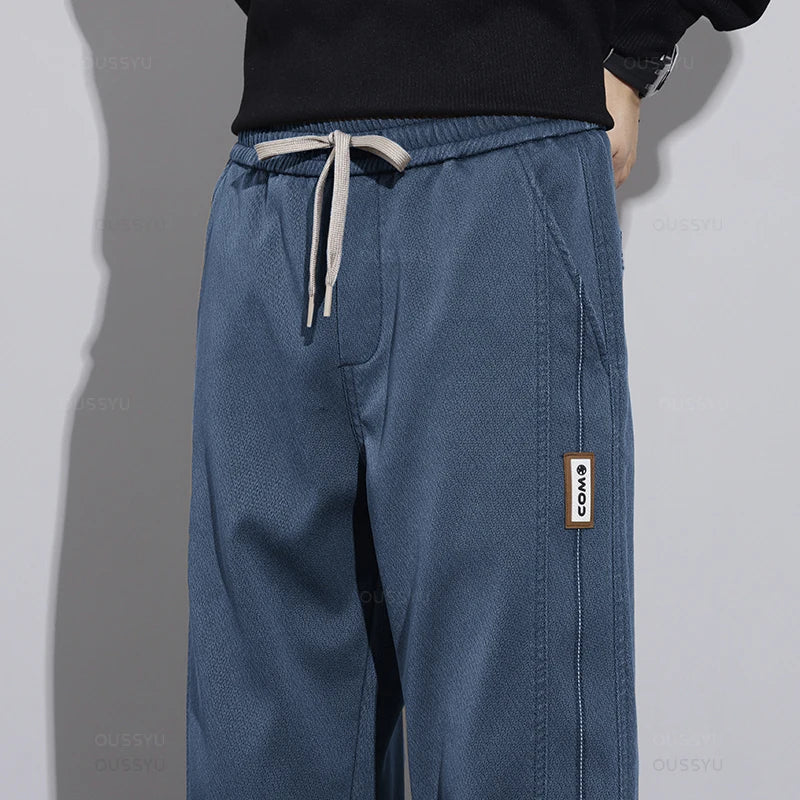 Pants Men Elastic Waist Straight Thick Work Cargo Jogger Trousers