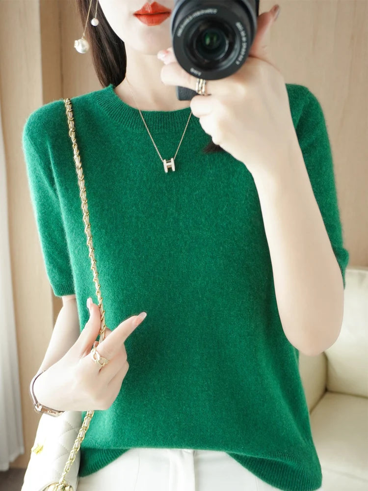 Short-sleeved Knitwear Women O-neck T-shirt Blend Pullover Sweater