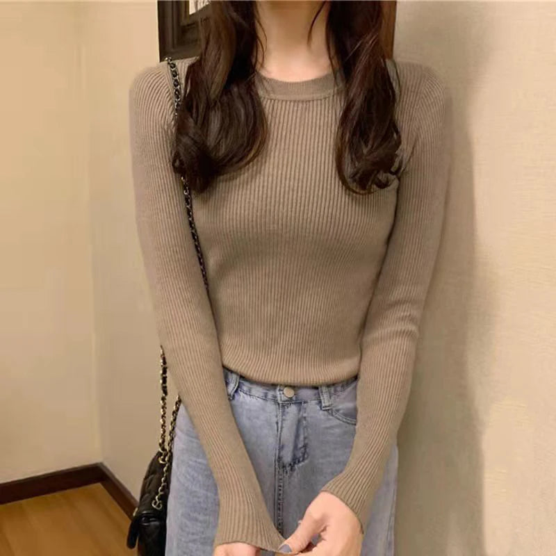 Basic Round Neck Knit Sweater Long-sleeved Solid Color Slim Fit