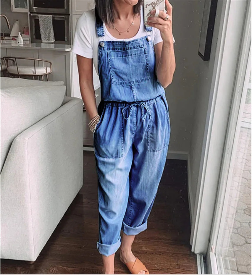 Sleeveless Cotton Blue Denim Jumpsuits Casual Drawstring Waist L