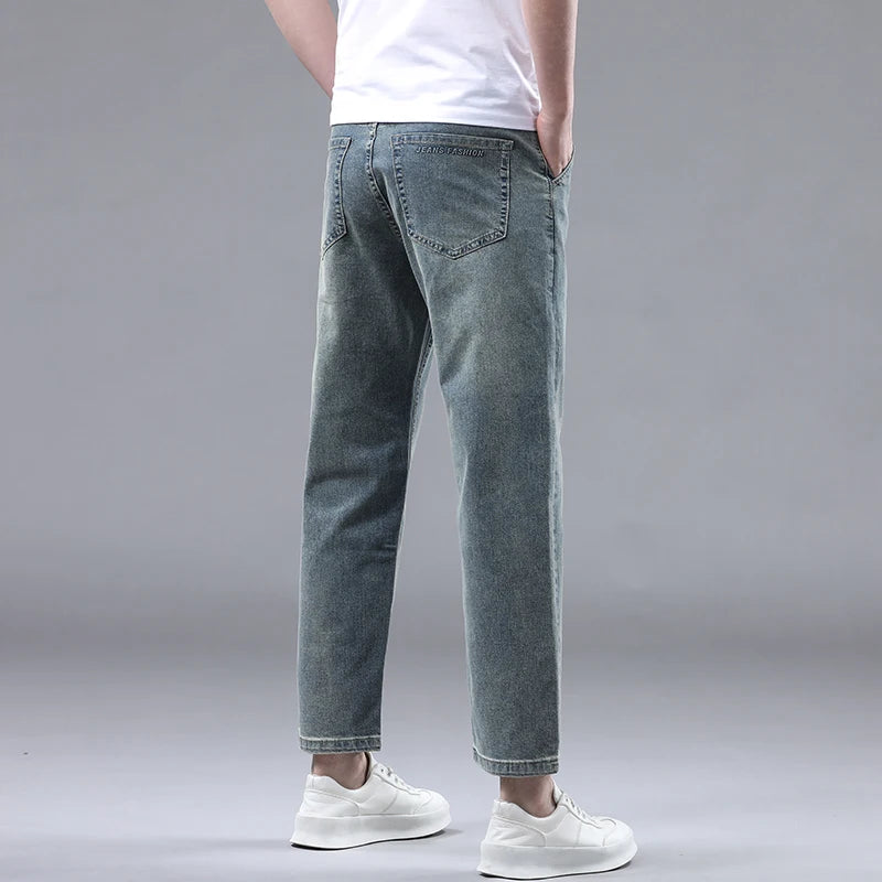 Straight Thin Jeans for Men Classic Style Stretch Ankle-Length Pants