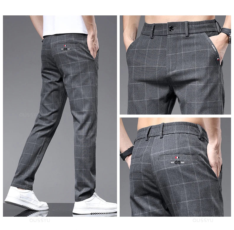 Plaid Work Stretch Pants Men Business Fashion Casual Pant Trousers