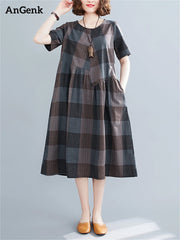 Short Sleeve Summer Plaid Dresses For Women Casual Vintage