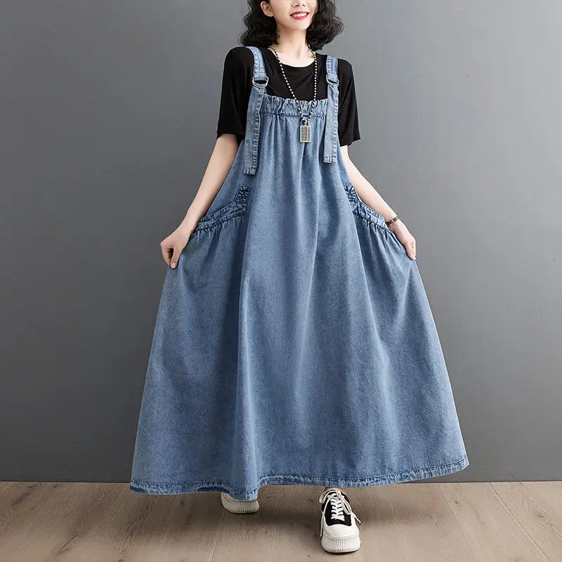 Denim Suspender Long Skirt Loose Casual Punk Vintage Style