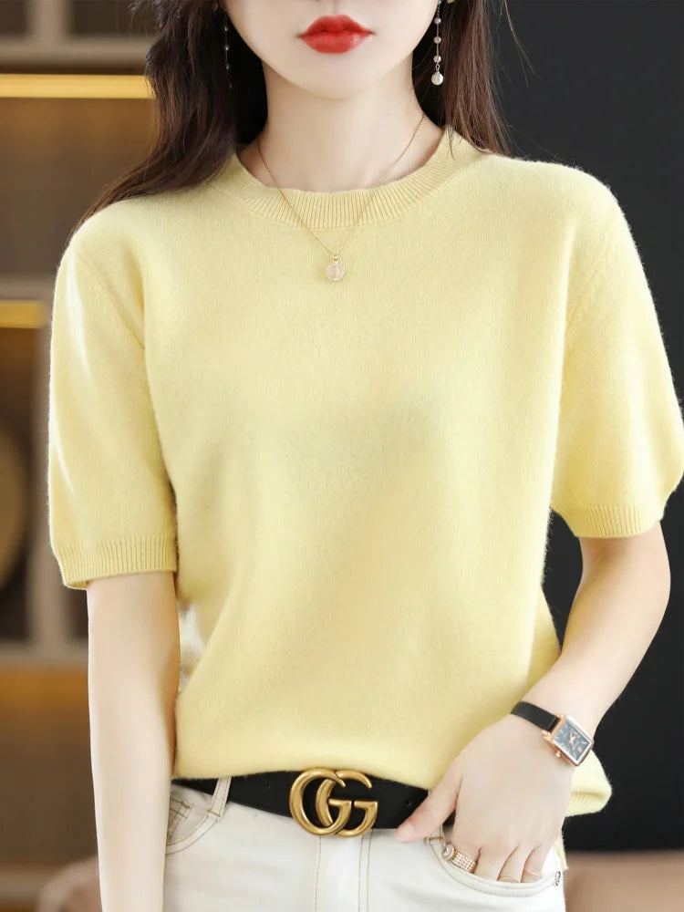 Short-sleeved Knitwear Women O-neck T-shirt Blend Pullover Sweater