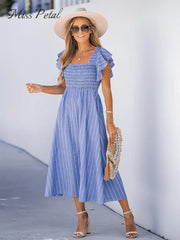 Striped Smocked Midi Dress Square Neck Ruffle Short Sleeve