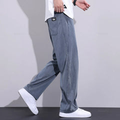 Jeans Men Thin Loose Pants Drawstring Elastic Waist Casual Trousers