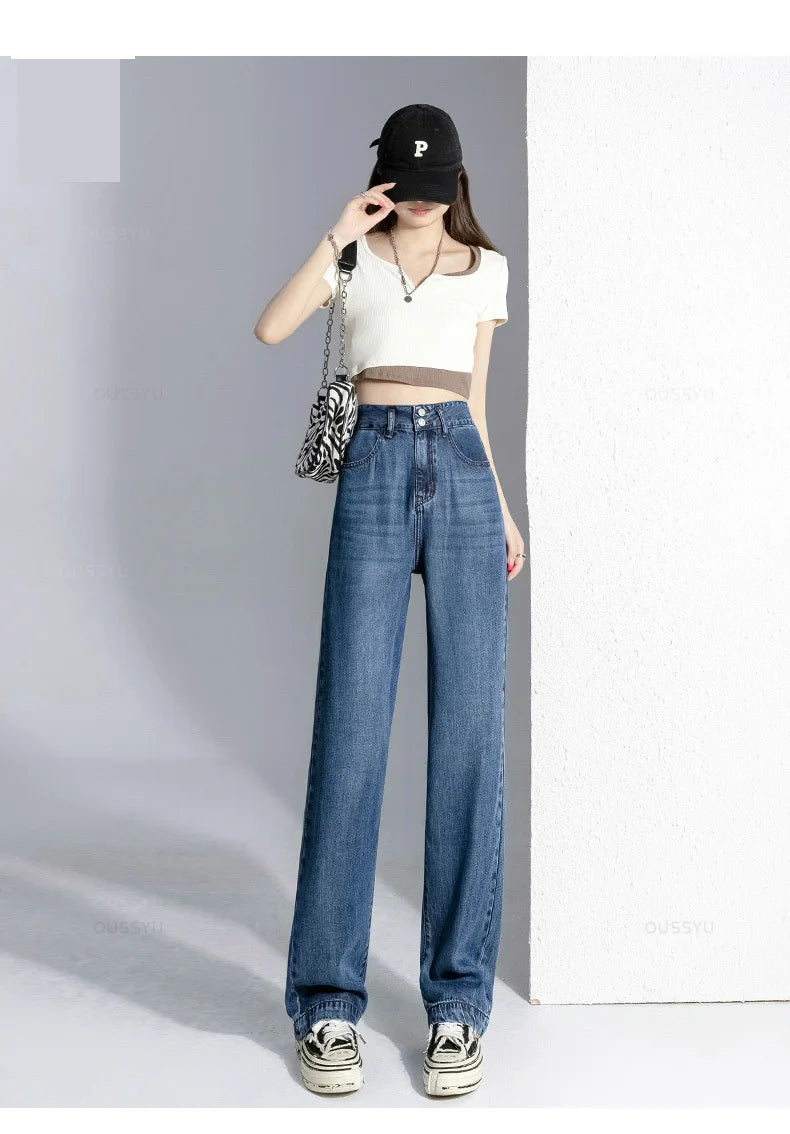 Summer Wide-Leg Jeans High Waist Trousers Loose Straight Pants