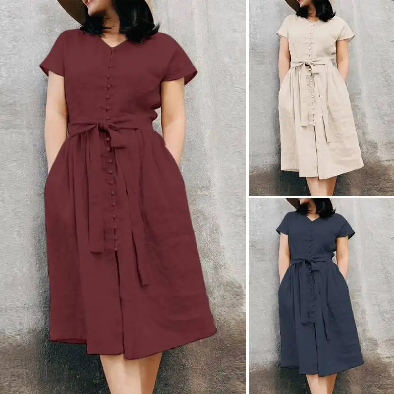 Woman Fashion Solid Short Sleeve O-Neck Dresses