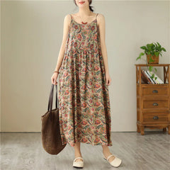 Summer Sleeveless Spaghetti Strap Print Vintage Long Dresses