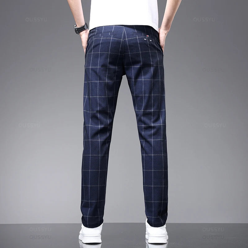 Plaid Work Stretch Pants Men Business Fashion Casual Pant Trousers