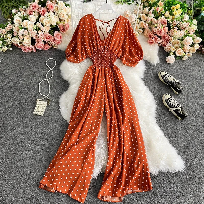 Wide Leg Trousers V Neck Sleeves Waist Slim Polka Dot Print Jumpsuit