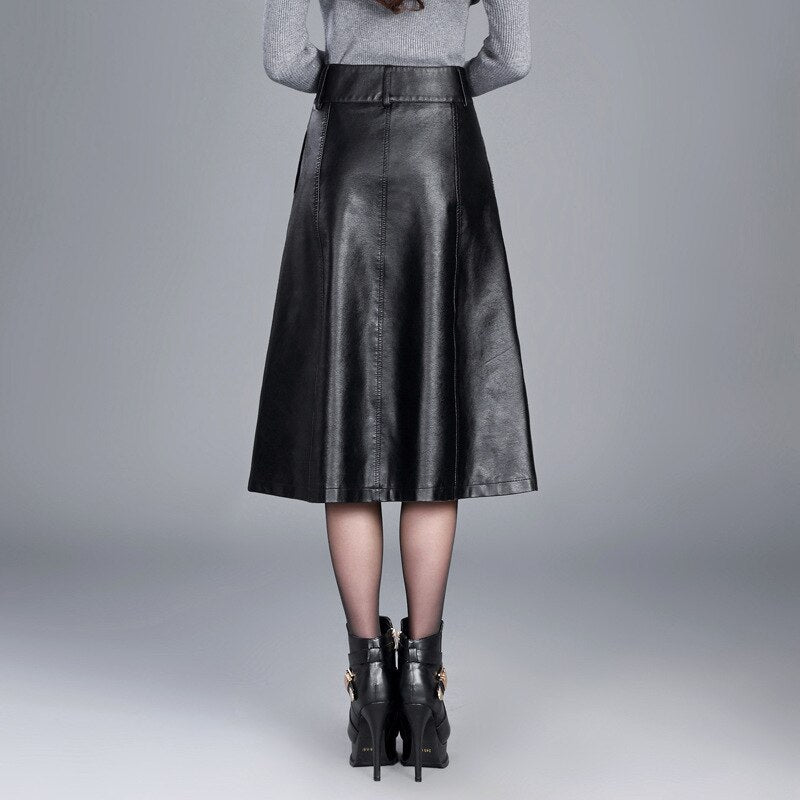 A-line PU Leather Skirt  High Waist Chic Loose Casual Office