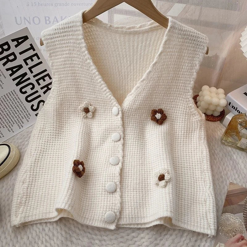 Vintage 3D Flower Sweater Vest Women Casual Sleeveless Single-breasted