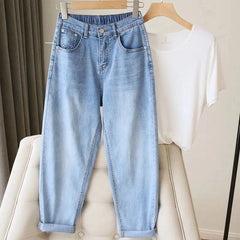 High Waist Harem Denim Pants Fashion Casual Elasticity Comfort Jeans
