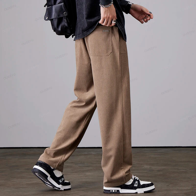 Clothing Stripe Corduroy Pants Men Elastic Waist Drawstring Casual Trousers