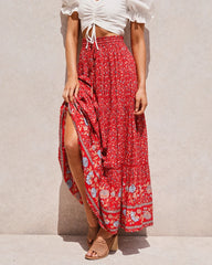 Boho Women Beige Floral Print Beach Bohemian Skirt