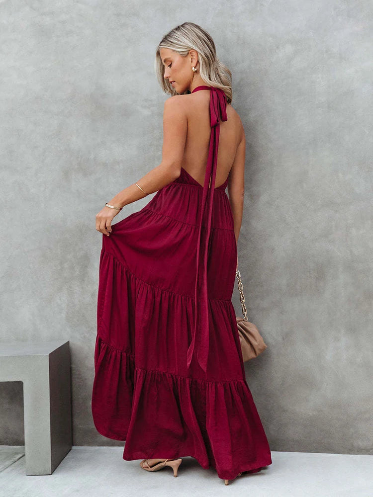 Solid Halter Neck Lace Up Pleated Long Dress