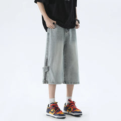 Style Zipper Decor Men's Jeans  Wide Leg Shorts