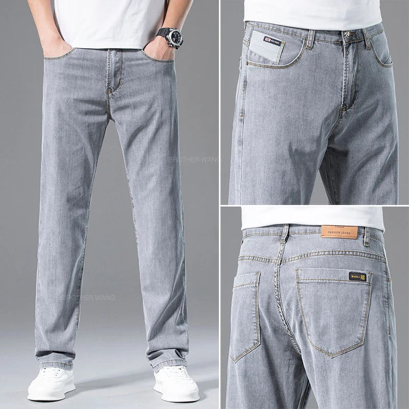 Summer Ultra-thin Men's Lyocell Jeans Loose Straight Business Casual