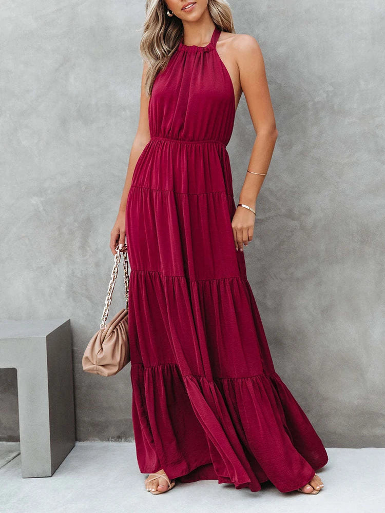 Solid Halter Neck Lace Up Pleated Long Dress