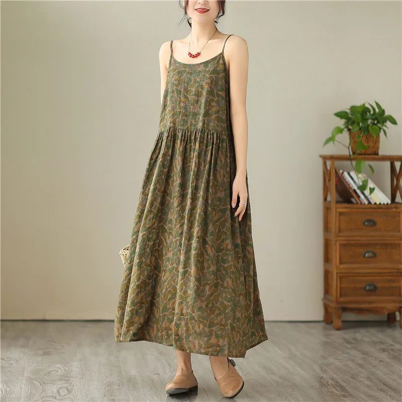 Summer Sleeveless Spaghetti Strap Print Vintage Long Dresses