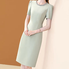 Elegant Women O-neck Embroidered Flares Dress Chic Office A-line