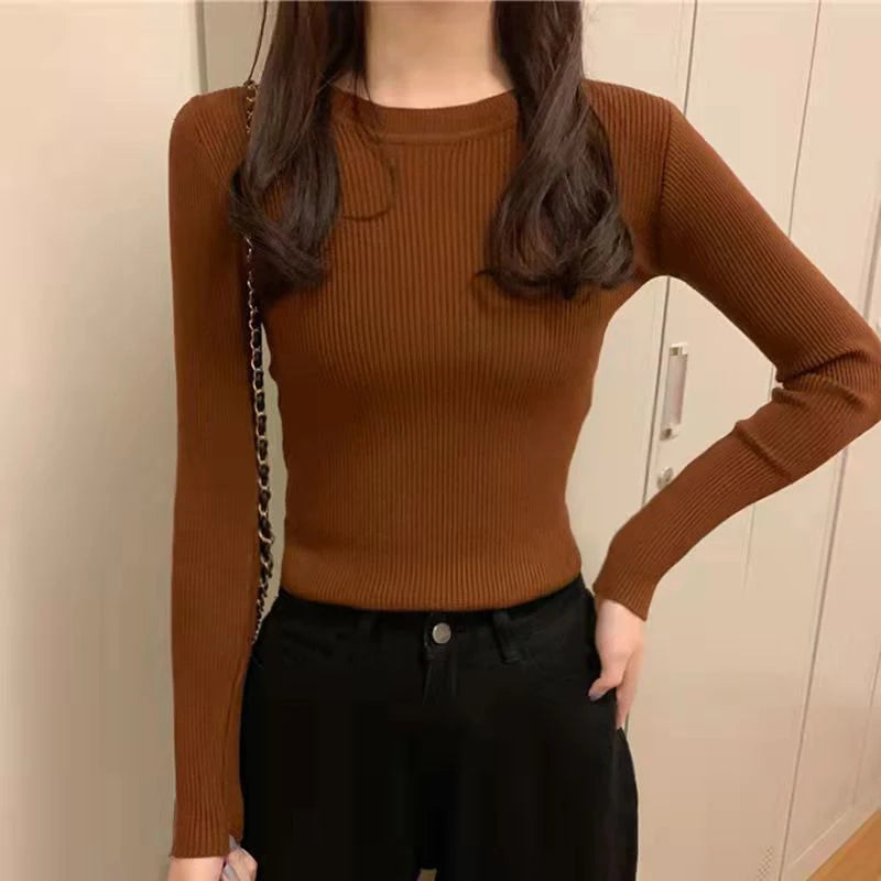 Basic Round Neck Knit Sweater Long-sleeved Solid Color Slim Fit