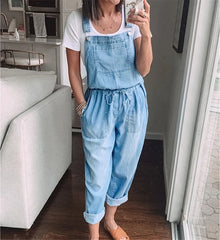 Sleeveless Cotton Blue Denim Jumpsuits Casual Drawstring Waist L