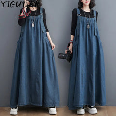 Women Fashion Long Retro Denim Suspender Skirt Dresses