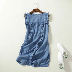 High Waist Sleeveless Mini Soft Jeans Dress Ruffles Casual