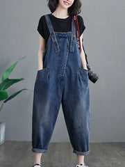 Woman Vintage Solid Color Denim Sleeveless Overalls