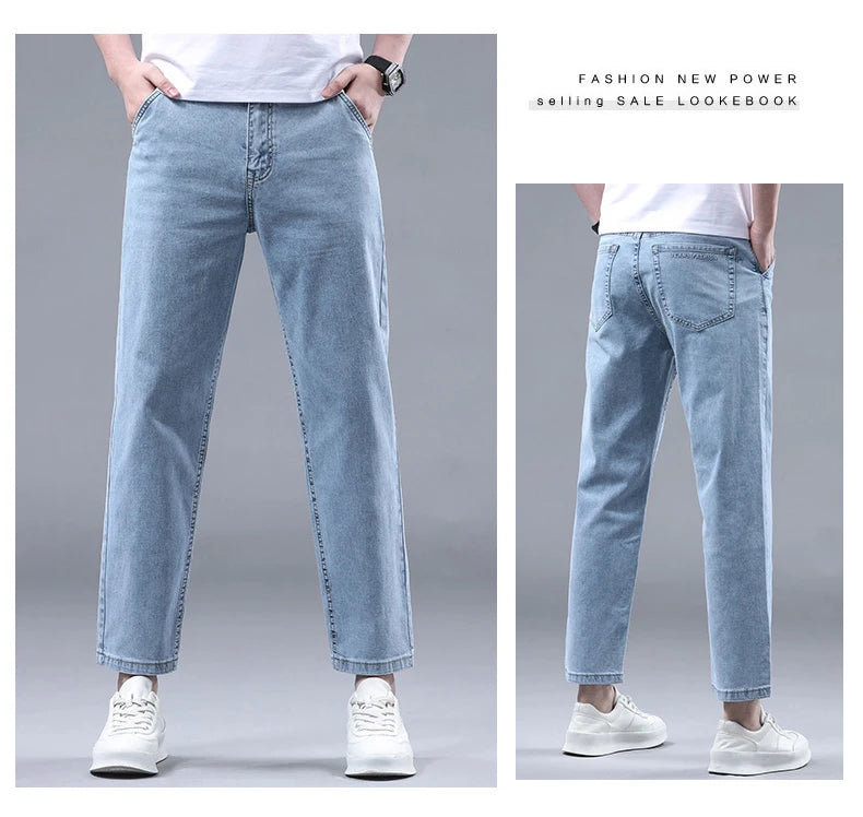 Straight Thin Jeans for Men Classic Style Stretch Ankle-Length Pants