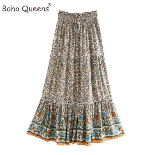 Boho Women Beige Floral Print Beach Bohemian Skirt
