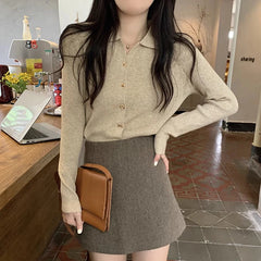 Turn Down Collar Sweater Women Button Up Long Sleeve Cardigan