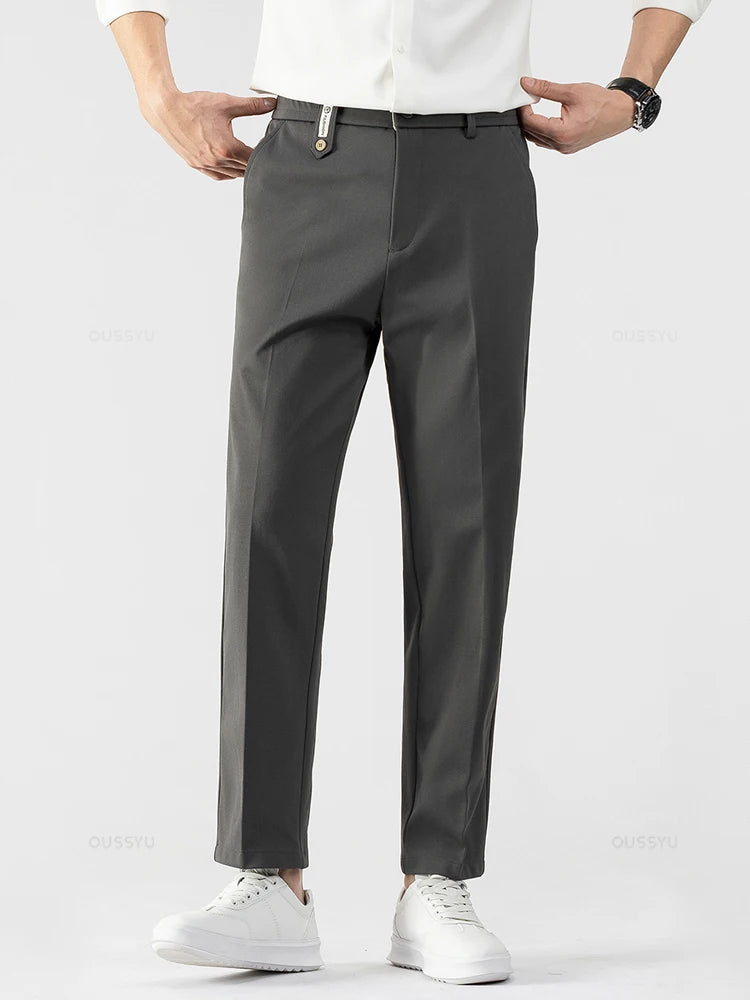 Summer Men's Ankle-Length Suit Pants Thin Business Straight Elastic Waist