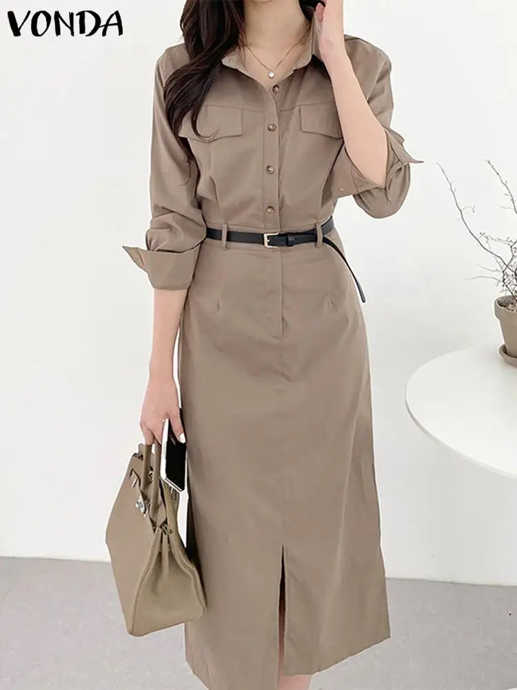 Office Dress Women Summer Long Sleeve Long Shirt Sundress