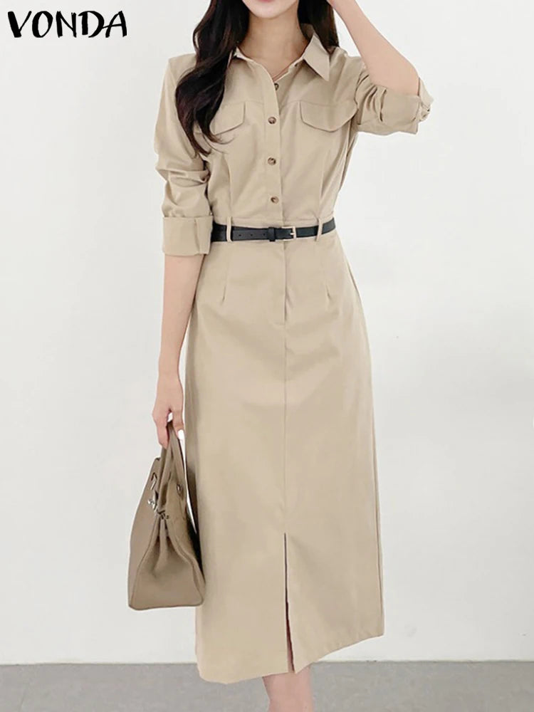 Office Dress Women Summer Long Sleeve Long Shirt Sundress