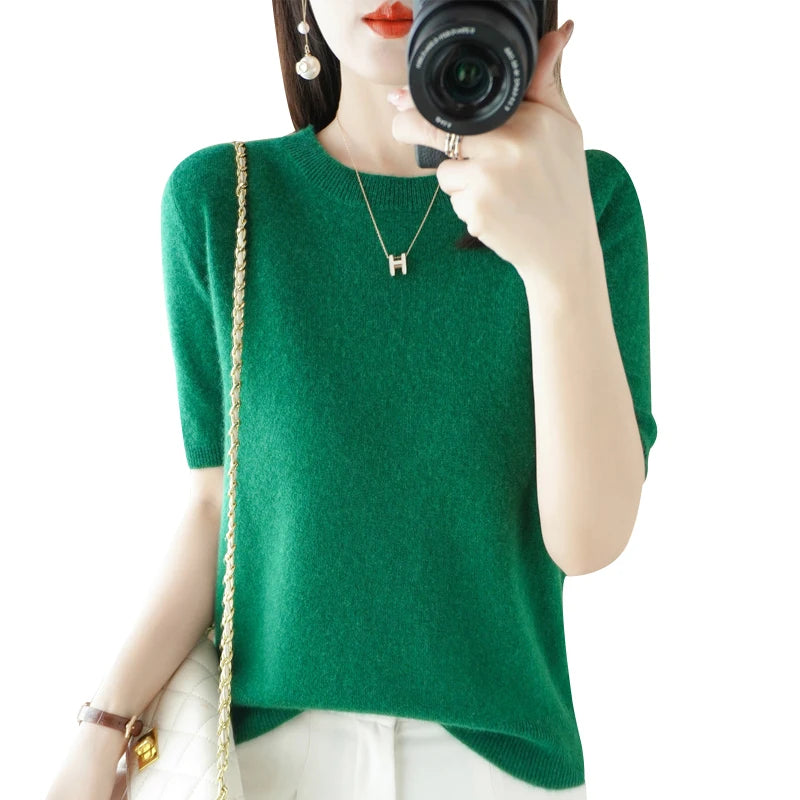 Short-sleeved Knitwear Women O-neck T-shirt Blend Pullover Sweater