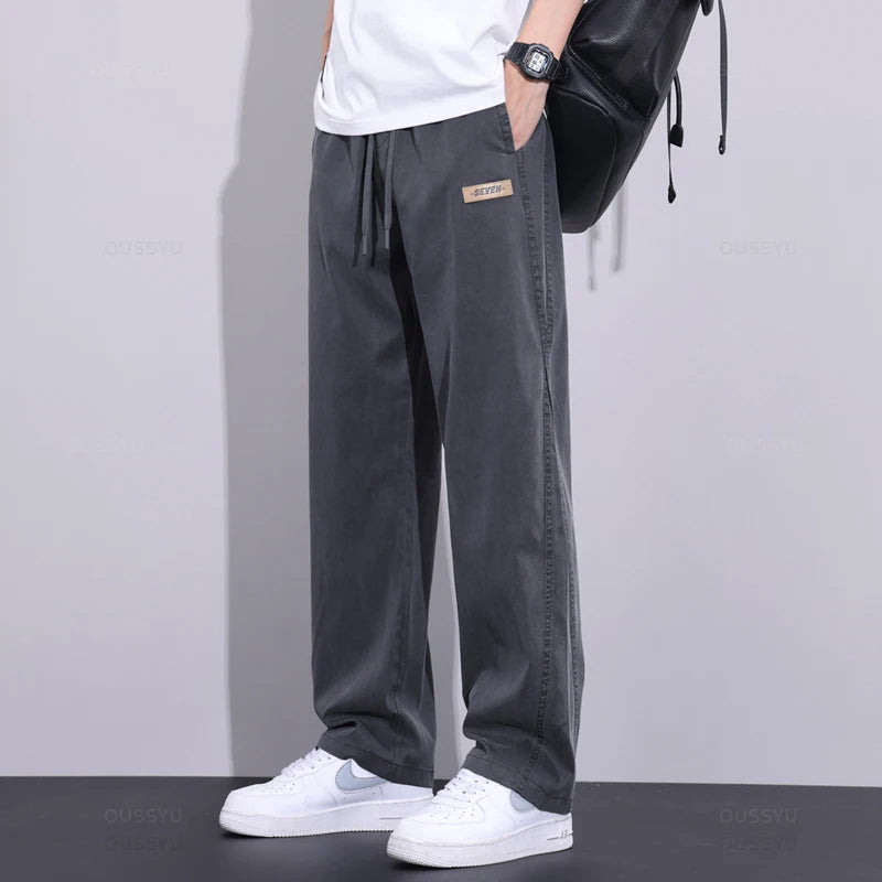 Jeans Men Thin Loose Pants Drawstring Elastic Waist Casual Trousers