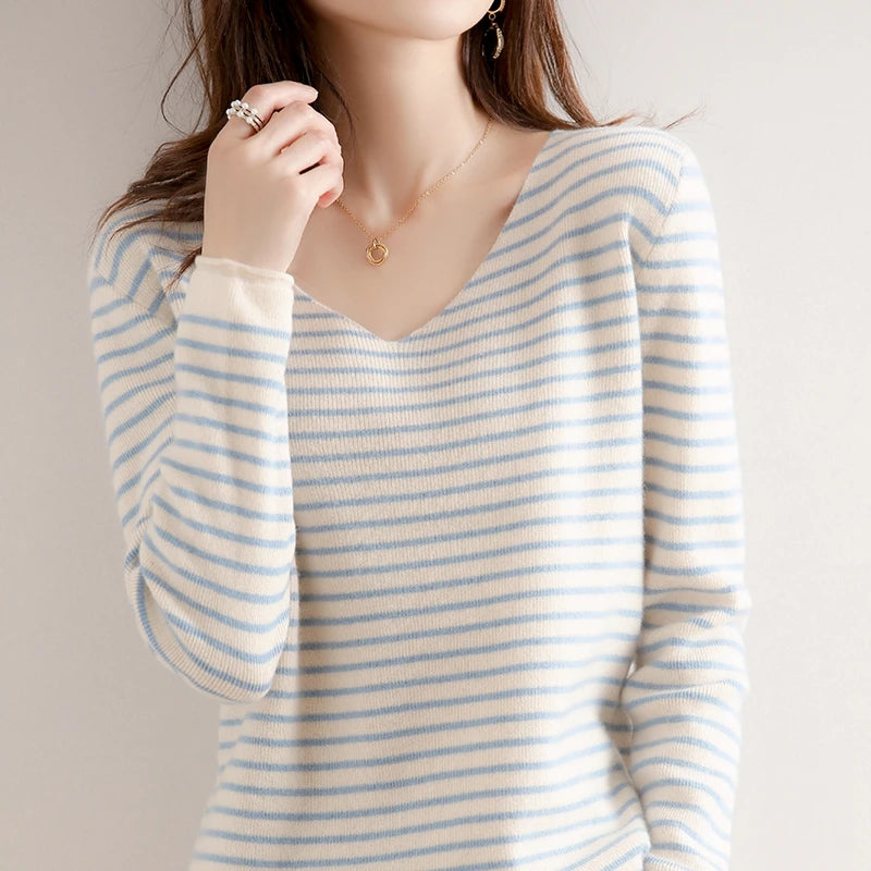 Striped V-neck Women's All-Match Loose Sweater