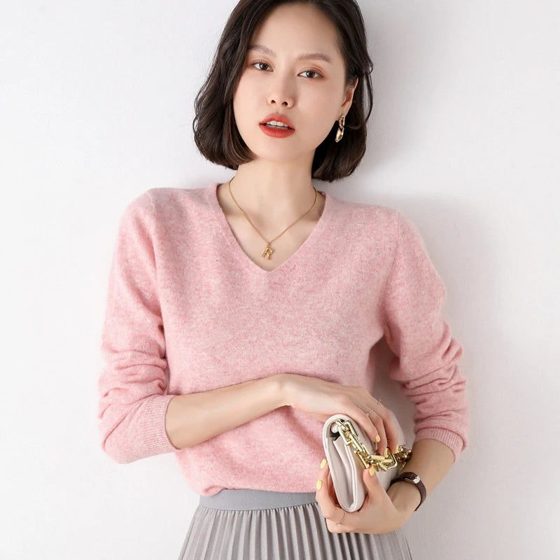 Pure Wool V-Neck Loose Pullover Sweater Basic Style All-Match Knitted