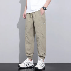 Men's Thin Ice Silk Casual Pants Elastic Waist Cargo Pants