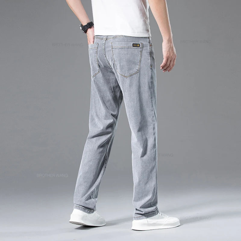 Summer Ultra-thin Men's Lyocell Jeans Loose Straight Business Casual