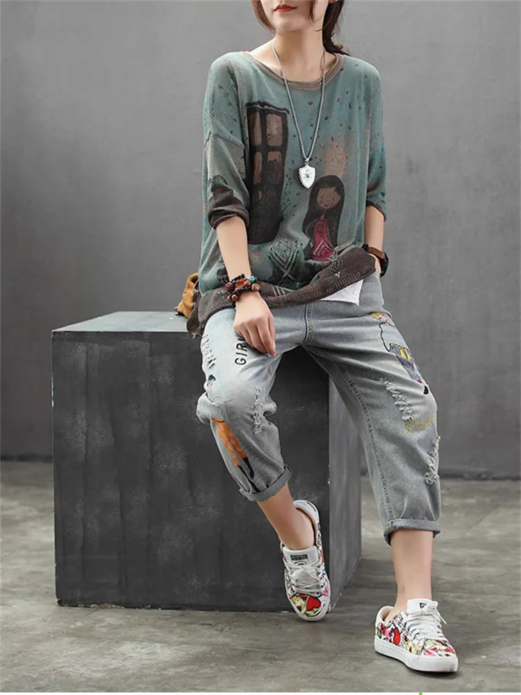 Fashion Style Vintage Embroidery Ankle-length Denim Jeans