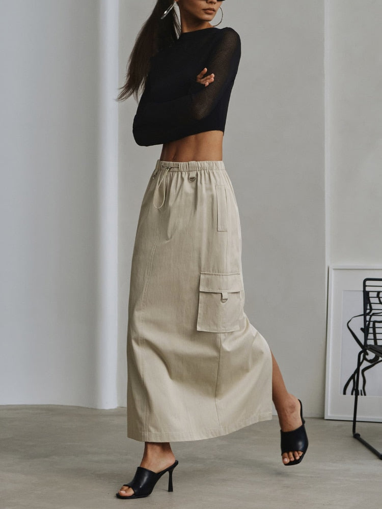 Cargo Skirts Drawstring Elastic Waist Full Length