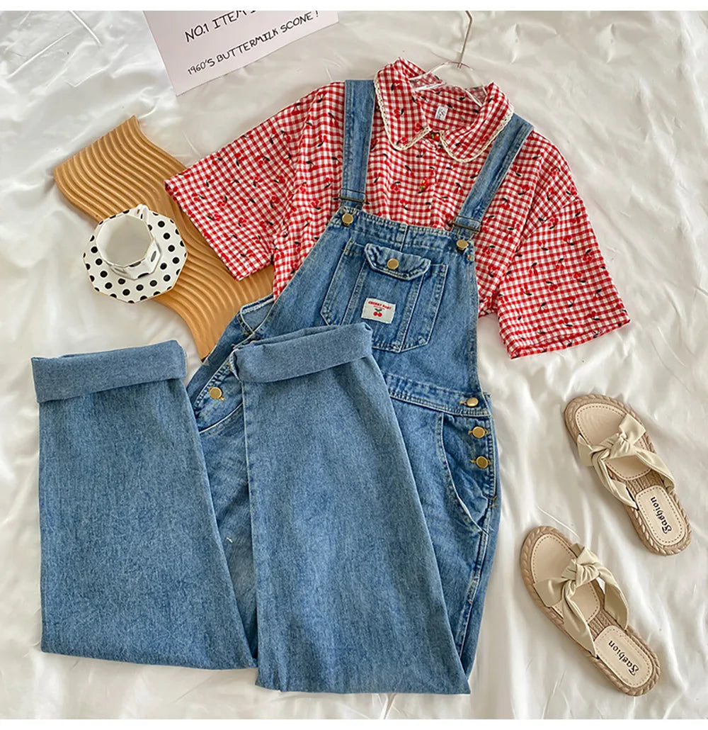 Retro Blue Strap Denim Pants Jeans Overalls Streetwear Casual